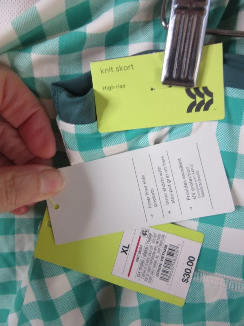 All in Motion 2 Piece Active Set Skort Halter Green White Gingham Size XL NWT